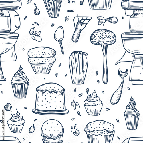 Seamless hand drawn baking tools and dessert pattern with cupcakes cake spoons piping bag muffins in doodle sketch style on white background vector illustration
