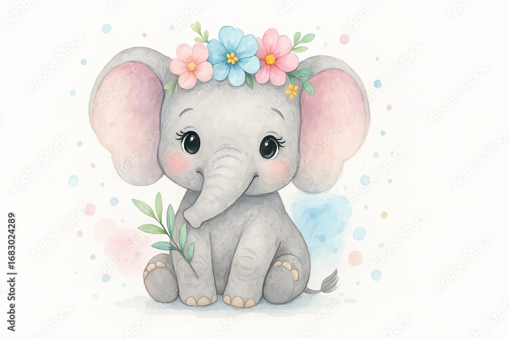 Naklejka premium Cute watercolor baby elephant with flower crown illustration isolated on white