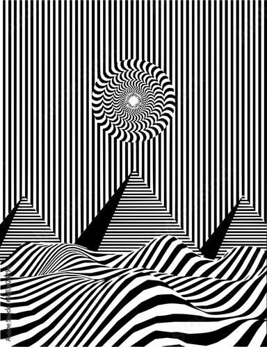 Mesmerizing optical illusion art with hypnotic spiral and surreal striped landscape creates dynamic visual intrigue