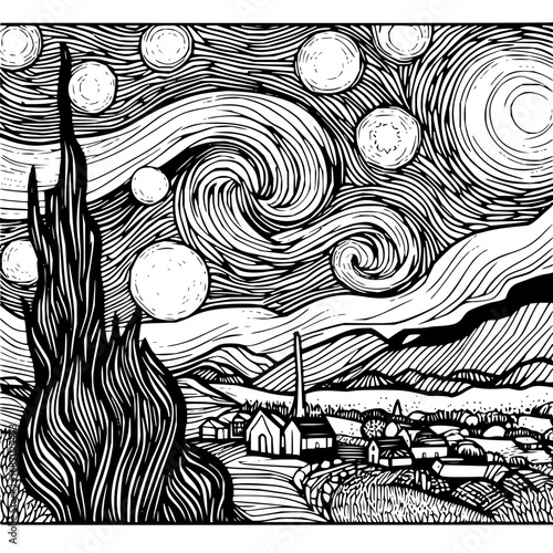 Captivating starry night sky swirls above a serene village landscape creating an iconic artistic scene