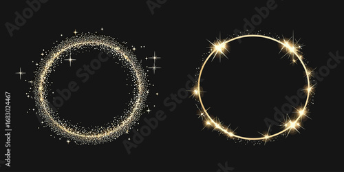 Golden sparkle star wreath circle frame set with glitter shine and glowing stardust border isolated on black background for decorative design elements and celebration themes