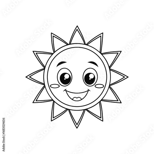Cute cartoon sun with happy expression, perfect for coloring books.