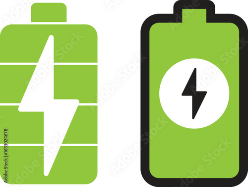 Two green battery icons with lightning bolt symbols isolated on transparent background