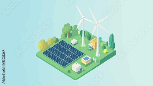 Isometric sustainable energy system with solar panels wind turbines green environment concept flat vector illustration renewable power technology landscape
