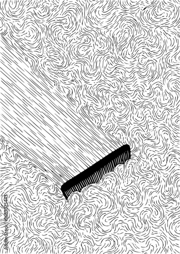 Stylized black comb creates flowing lines through abstract textured background with light rays