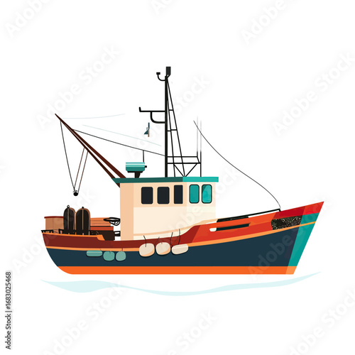 Fishing boat with cabin and rigging on calm water vector illustration in flat minimalist style for maritime and nautical concepts design