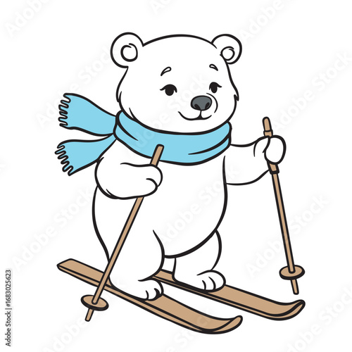 Smiling polar bear in blue scarf skiing downhill. Cute winter sports vector illustration perfect for Christmas, New Year and holiday projects.