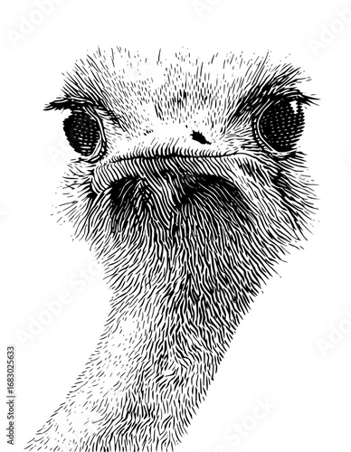 Striking close-up portrait of an ostrich's face, detailed linework, unique wildlife art