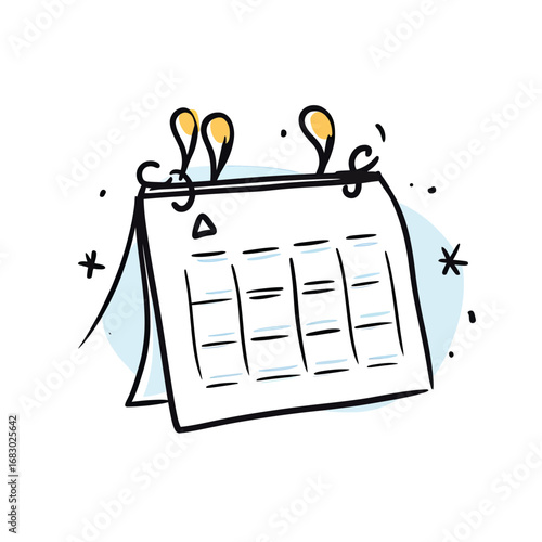 Hand drawn doodle style desk calendar with week layout and date reminder icons in minimalist vector sketch illustration for planning and scheduling concept