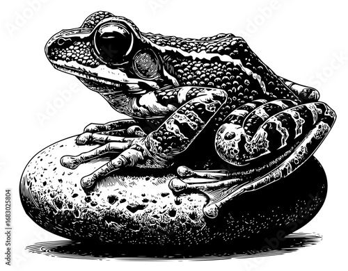 Detailed black and white illustration of a textured frog resting on a speckled stone