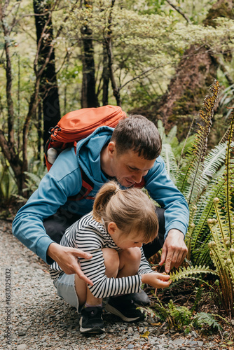 A father and daughter explore a nature trail on a forest path, adventure. Travel. New Zealand