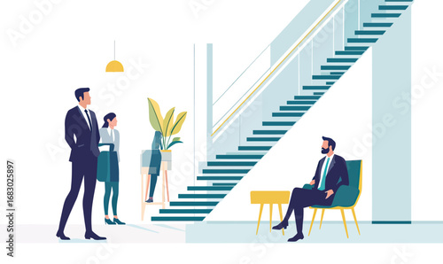 Business people in formal attire standing and sitting near modern office staircase representing professional success and corporate environment in minimalist vector style