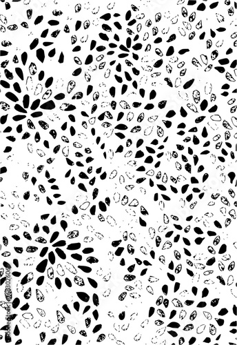 Abstract black and white organic pattern with scattered petal shapes creating a dynamic, modern design.