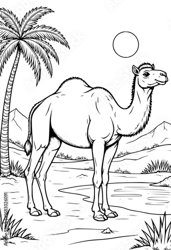 Majestic camel stands proudly in a desert oasis with palm tree and sun overhead