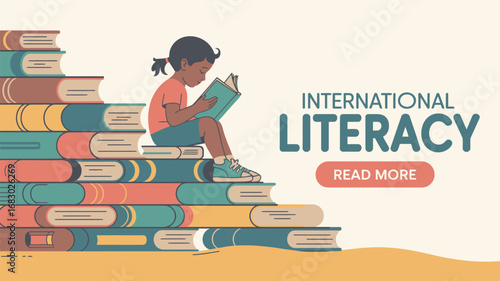 A girl reading a book while sitting on a stack of books with international literacy text on the side