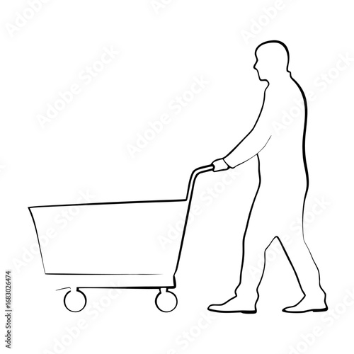 Surreal Shopper in Endless Supermarket Aisle, Alienating Minimalist Concept of Consumerism and Modern Life