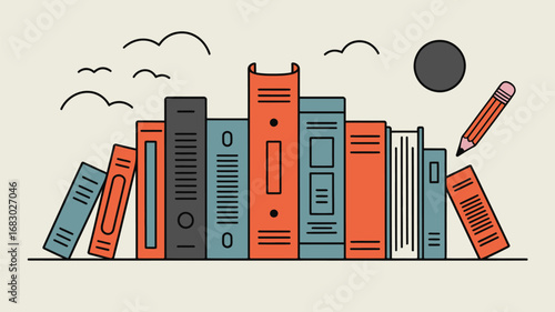Illustration of a row of books with a pencil, birds, and a sun against a light background scene