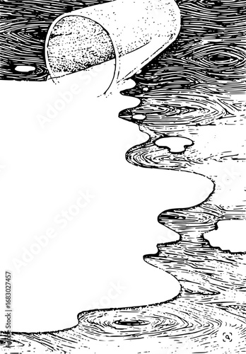 Pouring liquid creating ripples in textured water surface, dynamic artistic flow, graphic representation