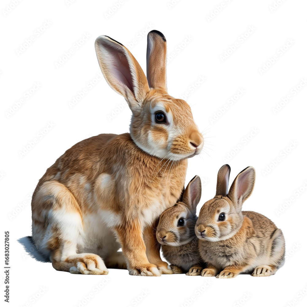 Fototapeta premium A mother rabbit sitting with her two baby bunnies looking forward on a black isolated background