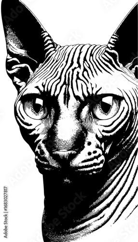 Striking black and white portrait captures unique Sphynx cat's intense gaze and wrinkled skin texture