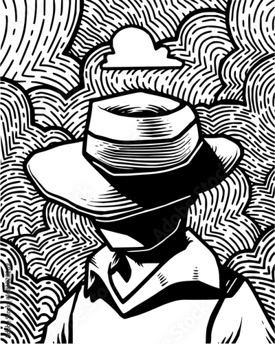 Mysterious figure in fedora hat against abstract swirling lines and clouds