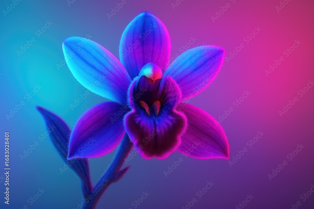 Obraz premium Neon orchid flower glowing in pink and blue light
