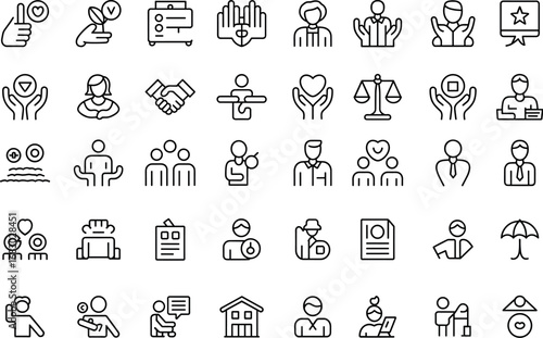Housing and urban development icon set with city, planning, and community growth in vector line style.