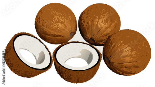 Coconut cracked open with a whole coconut. coconut, isolated on white background. Broken coconut closeup in the air isolated.