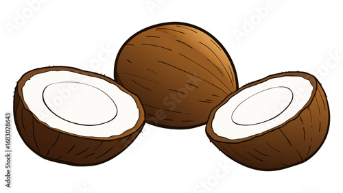 Coconut cracked open with a whole coconut. coconut, isolated on white background. Broken coconut closeup in the air isolated.