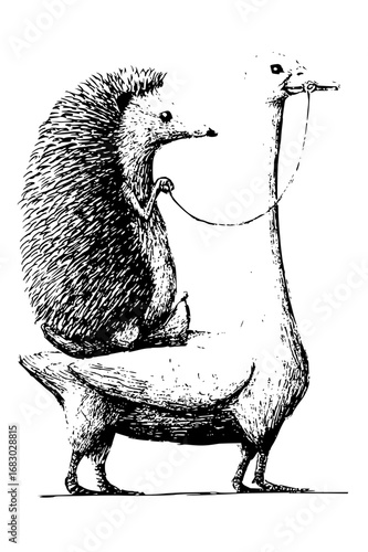 Charming hedgehog rides a goose, whimsical animal friendship and adventure captured in classic sketch style