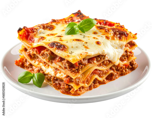 A hearty slice of lasagna served on a clean white plate, front view, showing layers o 288970