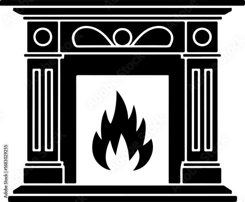 Cozy fireplace silhouette vector illustration