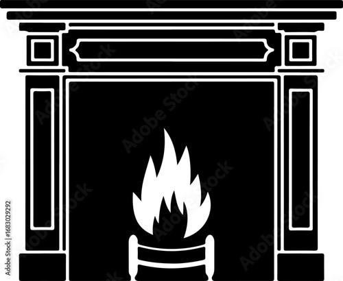 Cozy fireplace silhouette vector illustration