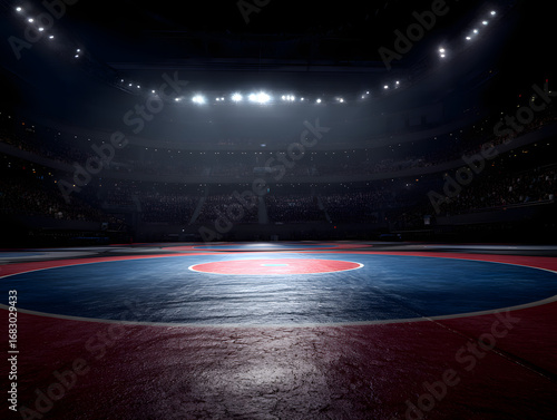 Wrestling mat in a stadium with bright lights