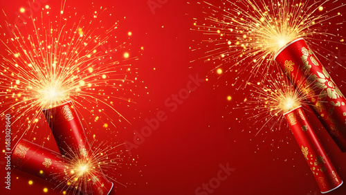 Minimalist vector firecrackers with golden sparks, cultural holiday artwork.