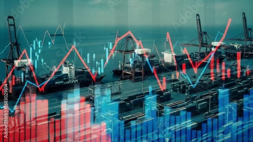 Aerial view of cargo ships at port with overlaid stock market graph and bar chart visualization