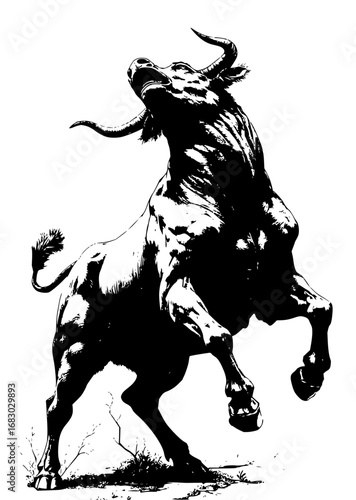 Powerful bull rearing up with intense energy and dramatic stance captures raw strength and wild spirit.