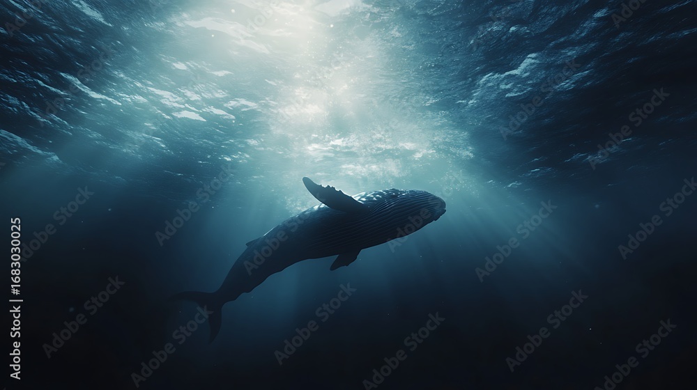 Fototapeta premium Gorgeous whale silhouette glowing beautifully with sunlight shining underwater picture