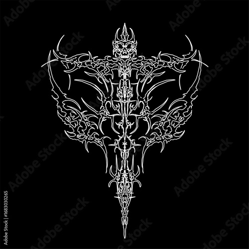 neo tribal celtic cross tattoo with wings sigilism symmetrical sharp pattern cyber ​​gothic in abstract black and white vector design
