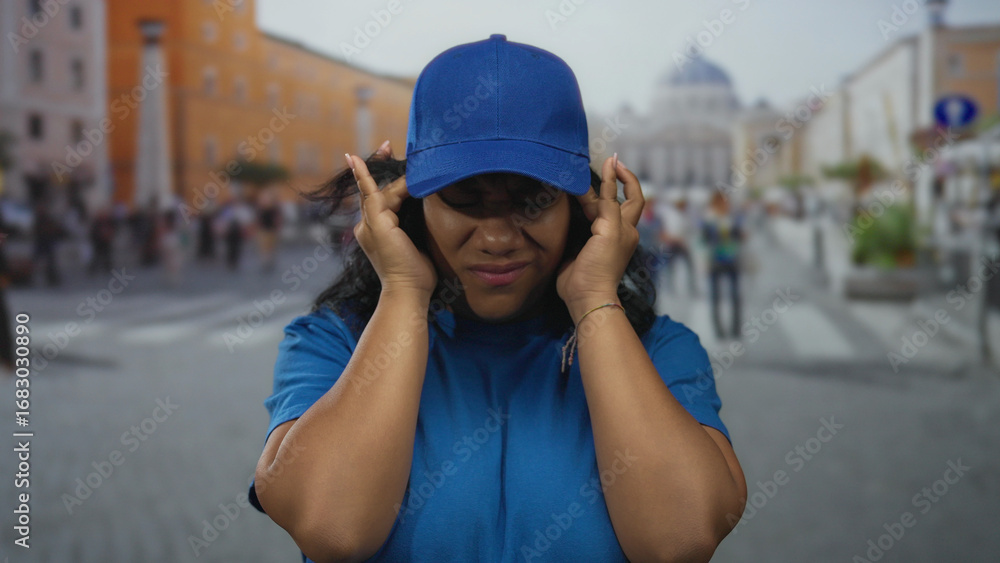 Fototapeta premium Woman in blue t shirt and cap presses her temples with both hands in san pedro square under sunlight; discomfort headache stress tension.