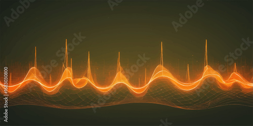 Abstract fiery orange light waves ripple across a digital chart design, resembling a vibrant sound equalizer