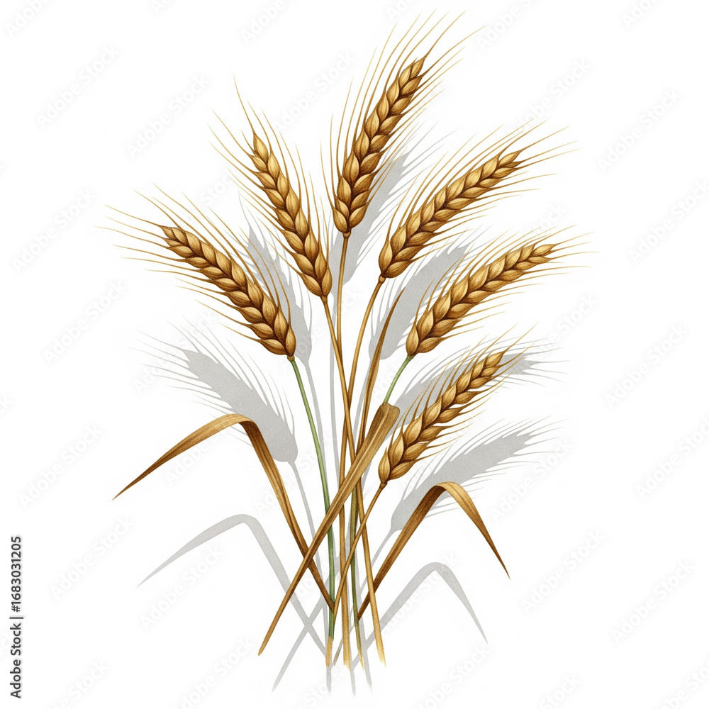 Fototapeta premium Golden Wheat Stalks Watercolor Art - Botanical Print for Educational Use, Classroom Decor and Commercial Display