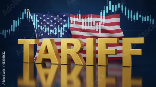 Golden tariff text overlaying american flag with financial chart in the background rendering