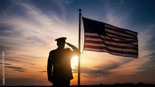 Patriotic Veterans Day scene featuring silhouette of soldier saluting flag against colorful sky. Veterans Day background illustrates service and sacrifice of military personnel.
