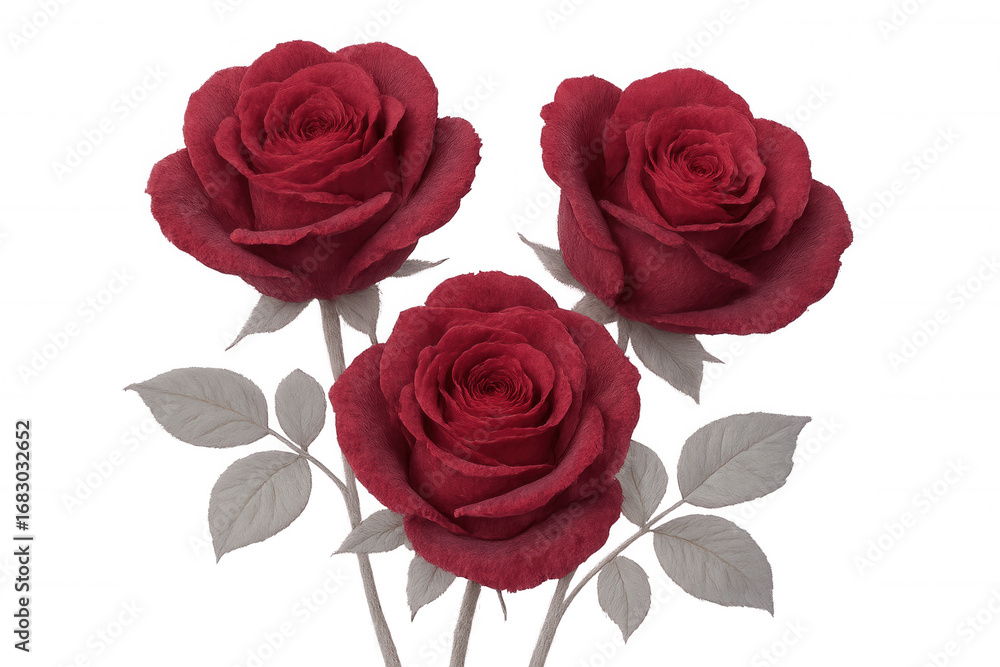 Fototapeta premium Vibrant red roses blossoming, symbolizing love and passion, floating against pristine white background for elegant design projects