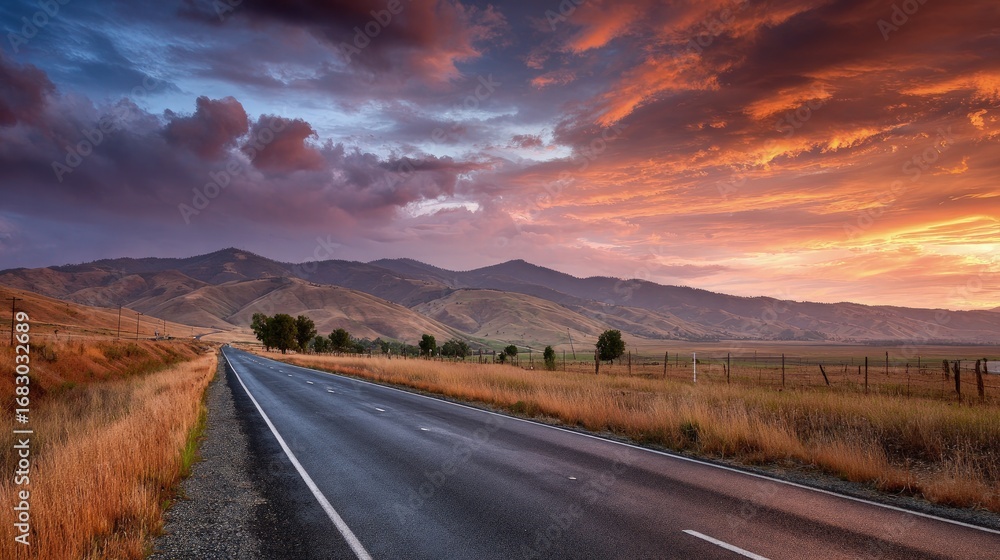 Naklejka premium Country Road At Sunset With Dramatic Sky