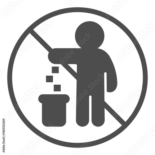 No symbol with man, garbage and trash can solid icon, prohibition concept, pollution is forbidden sign on white background, glyph style icon for mobile and web design. Vector graphics.
