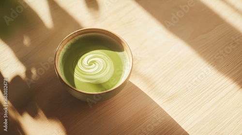 A delicate bowl of matcha latte, showcasing a beautiful swirl design against a light wooden surface, bathed in natural sunlight.