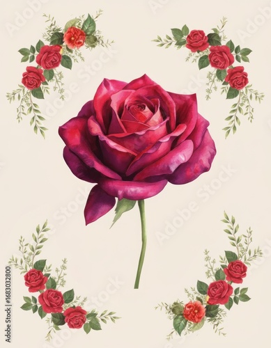 Watercolor Red Rose on a Stem with Decorative Flower Border
