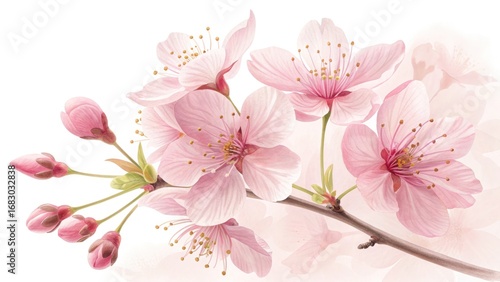 Watercolor Pink Cherry Blossom Branch on White